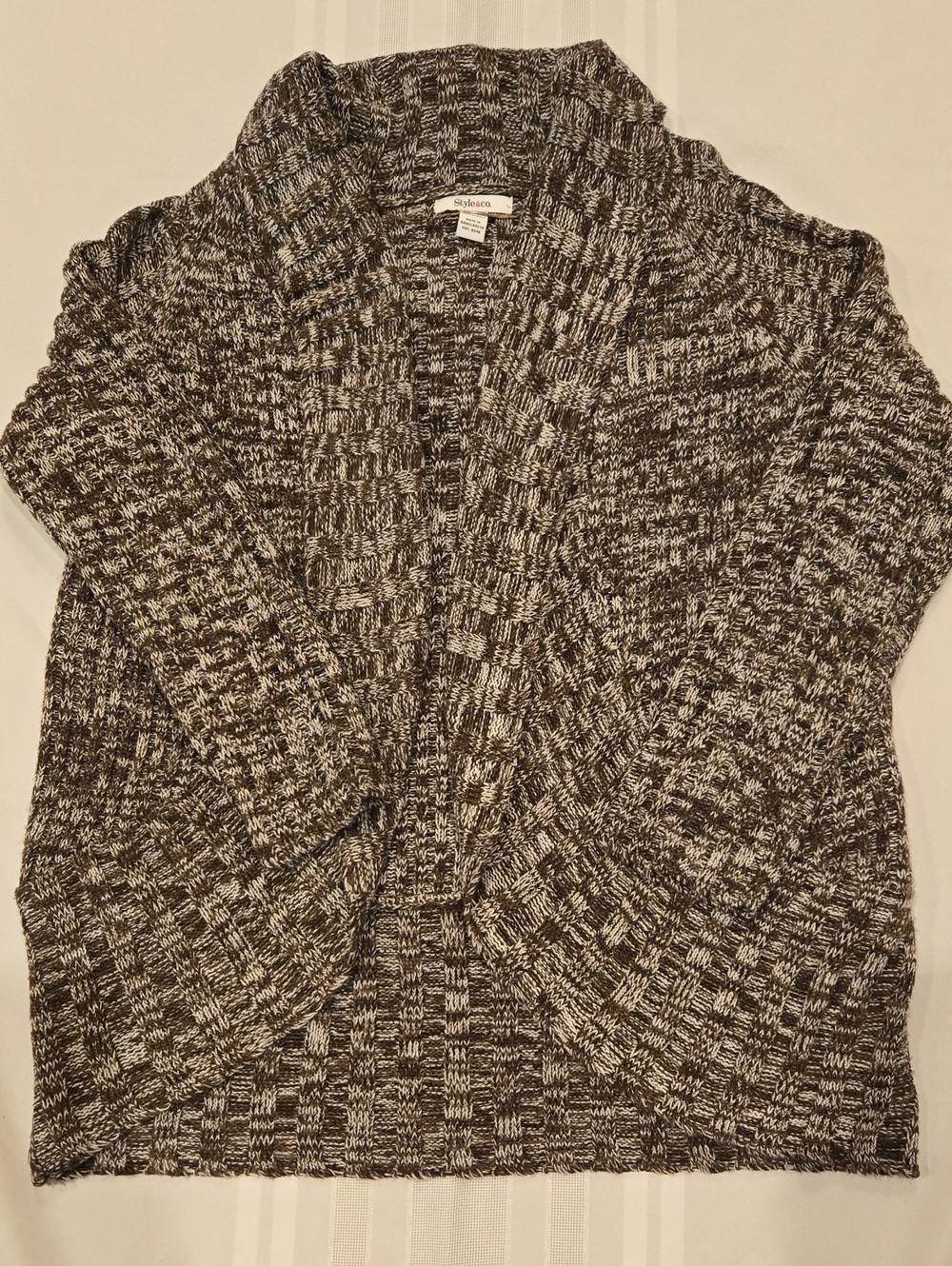 Style & Co.Dark Brown and White Marled Shawl-Collar Open Cardigan